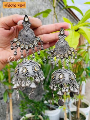 Traditional Oxidized Jhumka Earrings with Pearls