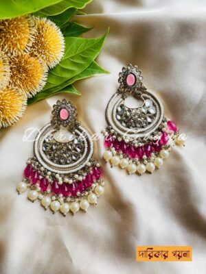 Handcrafted Kundan Beaded Chandbali Earring - Pink