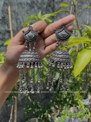 Antique Silver Jhumka Earrings with Chains