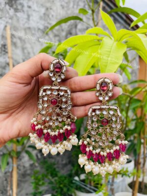 Earring With Kundan Work - Dangled Beads - Purple