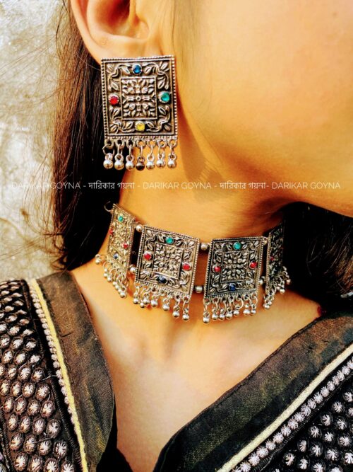 Traditional Oxidized Silver Square Necklace 28