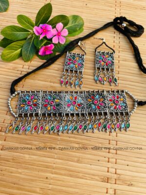 Colorful Floral Silver Choker Necklace Set