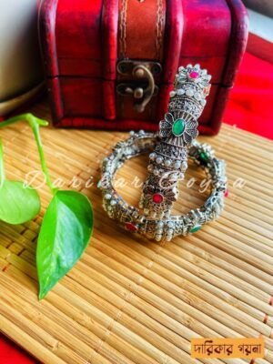 Traditional Oxidized Silver Multicolor Gemstone Kada Bangle - 2 Pieces
