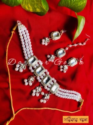 White Mirror With Beads Choker Set With Two Earrings and Tikli