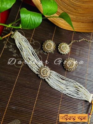 Elegant White Golden Choker Set With Earrings and Tikli