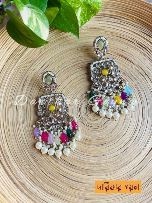 Earring With Kundan Work - Dangled Beads - Multicolor - Image 2