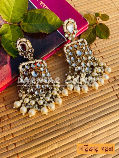 Earring With Kundan Work - Dangled Beads - White - Image 2