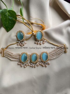 Stunning Choker Set With Three Big Gemstone and Beads - Vintage Blue