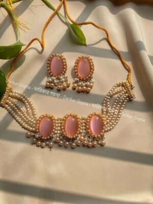Stunning Choker Set With Three Big Gemstone and Beads - Pink