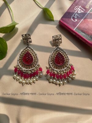 Stunning Leaf Shape Multani Earrings With Beads & Kundan Work - Pink