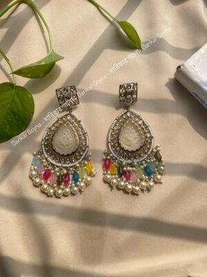 Stunning Leaf Shape Multani Earrings With Beads & Kundan Work - Multicolor