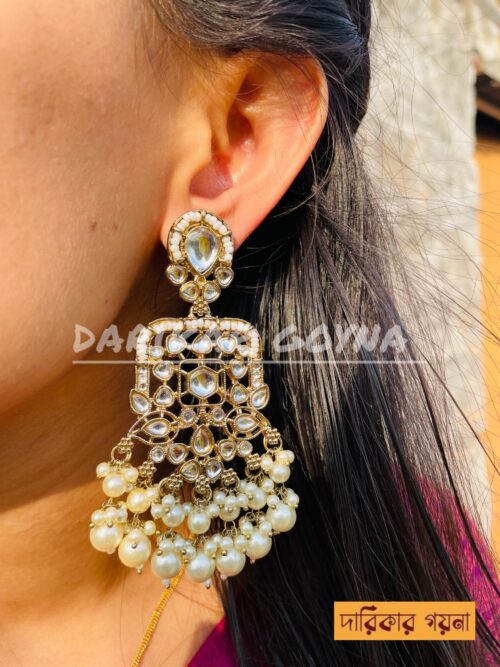Earring With Kundan Work - Dangled Beads - White - Image 3