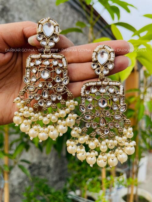 Earring With Kundan Work - Dangled Beads - White