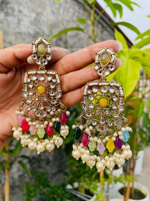 Earring With Kundan Work - Dangled Beads - Multicolor