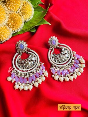 Handcrafted Kundan Beaded Chandbali Earring - Light Purple