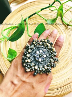 Antique Finish Oxidized Floral Adjustable Finger Ring With Stones & Beads