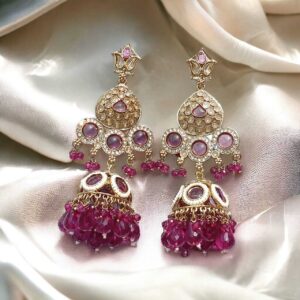 Gorgeous Mirror Stoned Earring With Beads - Purple