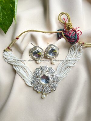 Floral Style White Multani Necklace Set With Big White Stones